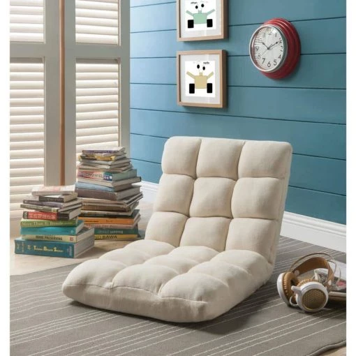 Microplush Beige Quilted Folding Gaming Chair Floor Recliner by Loungie -Loungie Sales Shop beige loungie bean bag chairs rc40 08be hd 64 1000