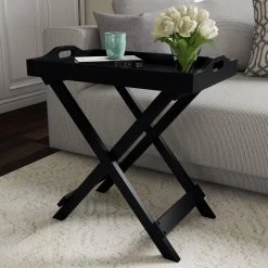 Black Wooden Folding End Table with Removable Tray by Lavish Home