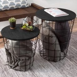 Black 2-Piece Nesting Veneer Metal and Wood Round Accent Table Set by Lavish Home