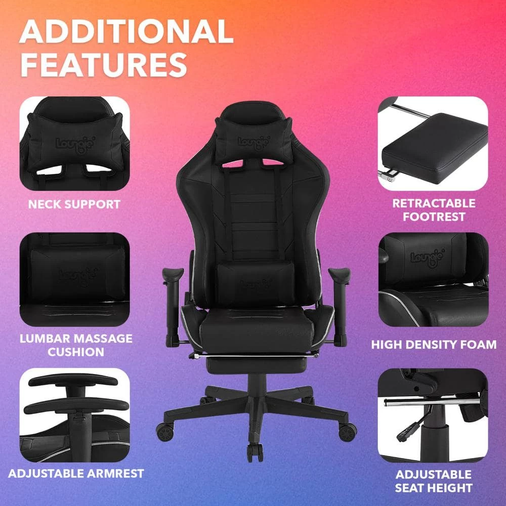 Rickey Black Faux Leather Game Chair Swivel, Adjustable Back Angle, Seat Height and Armrest by Loungie 6 Rickey Black Faux Leather Game Chair Swivel, Adjustable Back Angle, Seat Height and Armrest by Loungie - Image 4