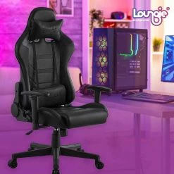 Hawa Black Faux Leather Game Chair Swivel, Adjustable Back Angle, Seat Height and Armrest by Loungie -Loungie Sales Shop black loungie gaming chairs oc355 10bk hd 31 1000