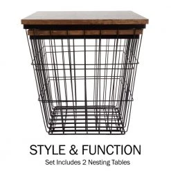 15.75 In. Brown Square Wood Top Wire Basket Nesting End Table with Storage Set of 2 by Lavish Home -Loungie Sales Shop brown lavish home nesting tables 80 endtbl 2 2sq bn 1f 1000