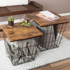 15.75 In. Brown Square Wood Top Wire Basket Nesting End Table with Storage Set of 2 by Lavish Home -Loungie Sales Shop brown lavish home nesting tables 80 endtbl 2 2sq bn 31 1000