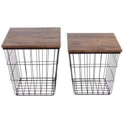 15.75 In. Brown Square Wood Top Wire Basket Nesting End Table with Storage Set of 2 by Lavish Home