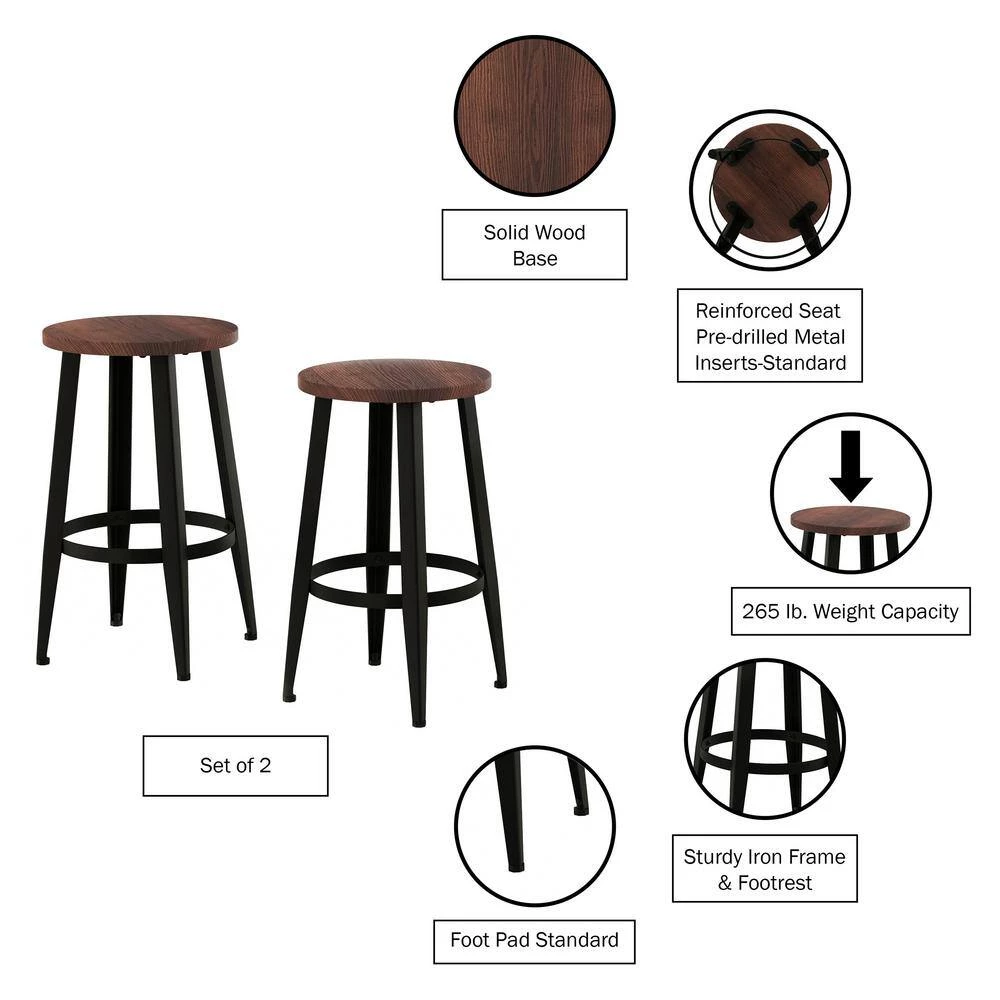 24 in. Vintage Backless Metal Counter Stools with Wooden Seat (Set of 2) by Lavish Home 7 24 in. Vintage Backless Metal Counter Stools with Wooden Seat (Set of 2) by Lavish Home - Image 5