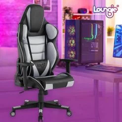 Viraj Grey Faux Leather Game Chair Swivel, Adjustable Back Angle, Seat Height and Armrest by Loungie -Loungie Sales Shop grey loungie gaming chairs oc348 10gr hd 31 1000