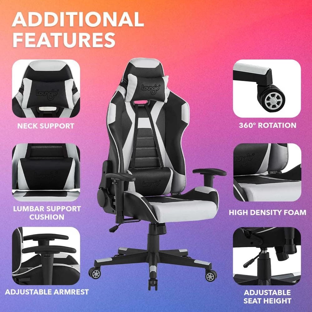 Avalee Grey Faux Leather Game Chair Swivel, Adjustable Back Angle, Seat Height and Armrest by Loungie 4 Avalee Grey Faux Leather Game Chair Swivel, Adjustable Back Angle, Seat Height and Armrest by Loungie - Image 2