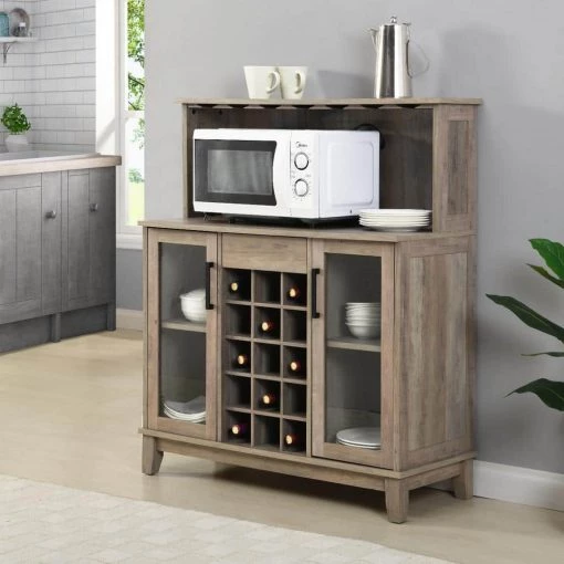 Home Source Grey Wash Microwave Station Bar Cabinet with 4-Shelves and Wine Rack by Home Source Industries -Loungie Sales Shop grey wash home source industries computer desks dc22 gw hd 64 1000