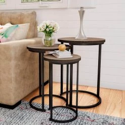 Black Wooden Round Nesting Side Tables with Modern Woodgrain Look (Set of 3) by Lavish Home