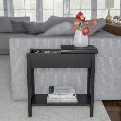 Matte Black Wooden Flip-Top Slim Slide End Table by Lavish Home