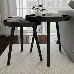 Wooden Nesting Round Tray Top Matte Black Side Tables (Set of 2) by Lavish Home