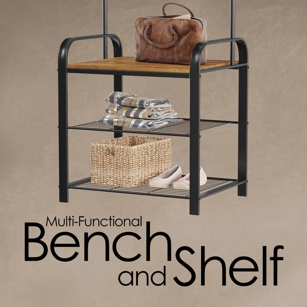 Rustic Brown Woodgrain and Black Farmhouse Style Entryway Hall Tree Coat Rack by Lavish Home 9 Rustic Brown Woodgrain and Black Farmhouse Style Entryway Hall Tree Coat Rack by Lavish Home - Image 7