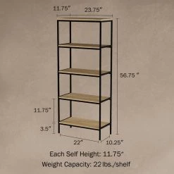 56.75 in. Seacoast Gray/Black Metal 5-shelf Etagere Bookcase with Open Back by Lavish Home -Loungie Sales Shop seacoast gray wood look and black lavish home bookcases bookshelves hw0200231 1f 1000
