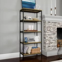 56.75 in. Seacoast Gray/Black Metal 5-shelf Etagere Bookcase with Open Back by Lavish Home -Loungie Sales Shop seacoast gray wood look and black lavish home bookcases bookshelves hw0200231 31 1000