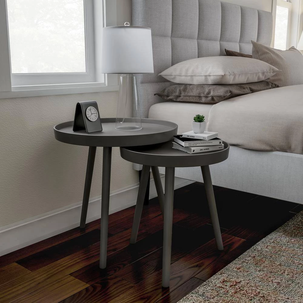 Wooden Nesting Round Tray Top Slate Gray Accent Tables (Set of 2) by Lavish Home 8 Wooden Nesting Round Tray Top Slate Gray Accent Tables (Set of 2) by Lavish Home - Image 6