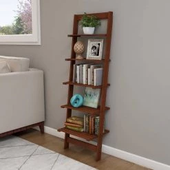 50 in. Walnut Wood 5-shelf Ladder Bookcase with Open Back by Lavish Home -Loungie Sales Shop walnut lavish home bookcases bookshelves hw0200291 31 1000