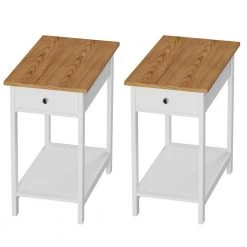 22 in. 2-Tone White and Honey Oak Rectangle MDF Wood End Table with Drawer (Set of 2) by Lavish Home