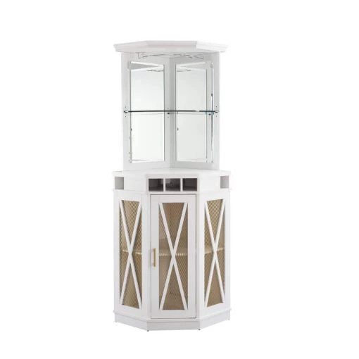 Home Source Corner White Bar Unit with Wire Mesh Doors by Home Source Industries -Loungie Sales Shop white home source industries bar cabinets dc15 wh hd 64 1000