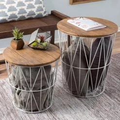 White 2-Piece Nesting Veneer Metal and Wood Round Accent Table Set by Lavish Home